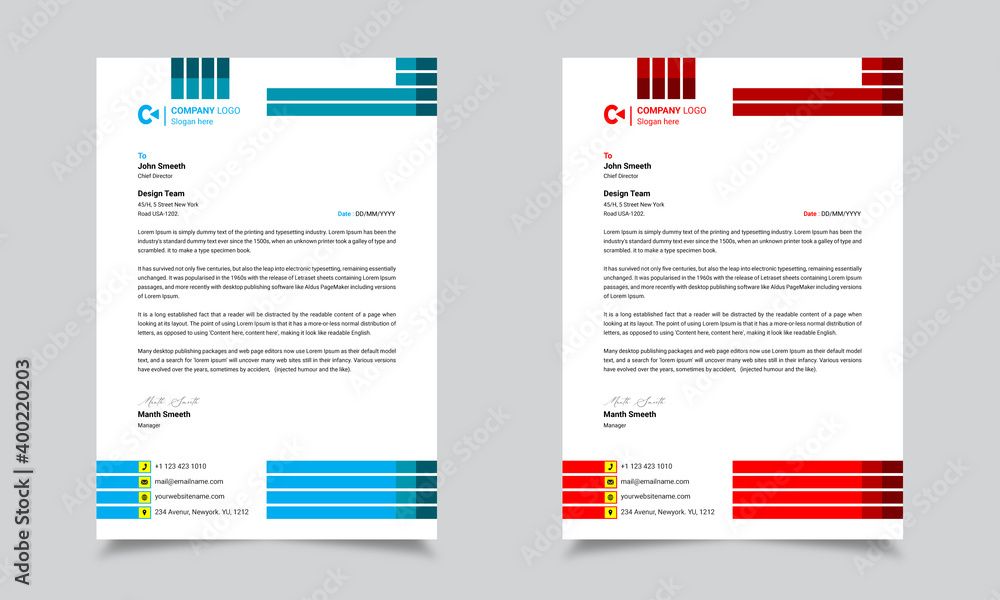 Elegant letterhead Design in minimalist Style Business Modern Creative A4 Size Vector Blue and Red Design
