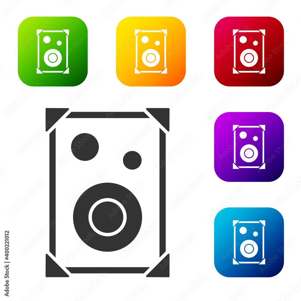 Black Stereo speaker icon isolated on white background. Sound system speakers. Music icon. Musical column speaker bass equipment. Set icons in color square buttons. Vector.