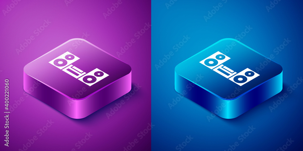 Isometric Home stereo with two speaker s icon isolated on blue and purple background. Music system. Square button. Vector. Isometric Home stereo with two speaker s icon isolated on blue and purple background. Music system. Square button. Vector.