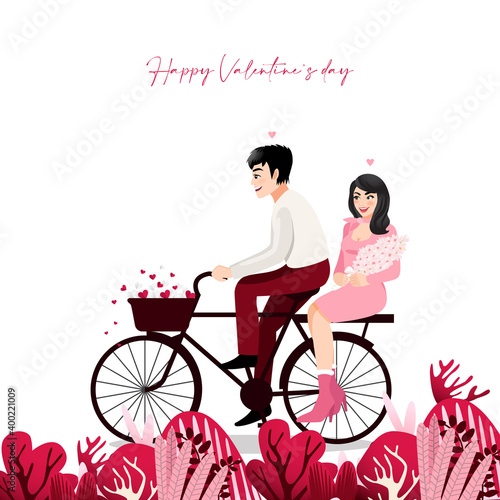 Fototapeta Naklejka Na Ścianę i Meble -  Cartoon character with a couple sitting on bicycle in white background. Valentine s Day festival vector illustration