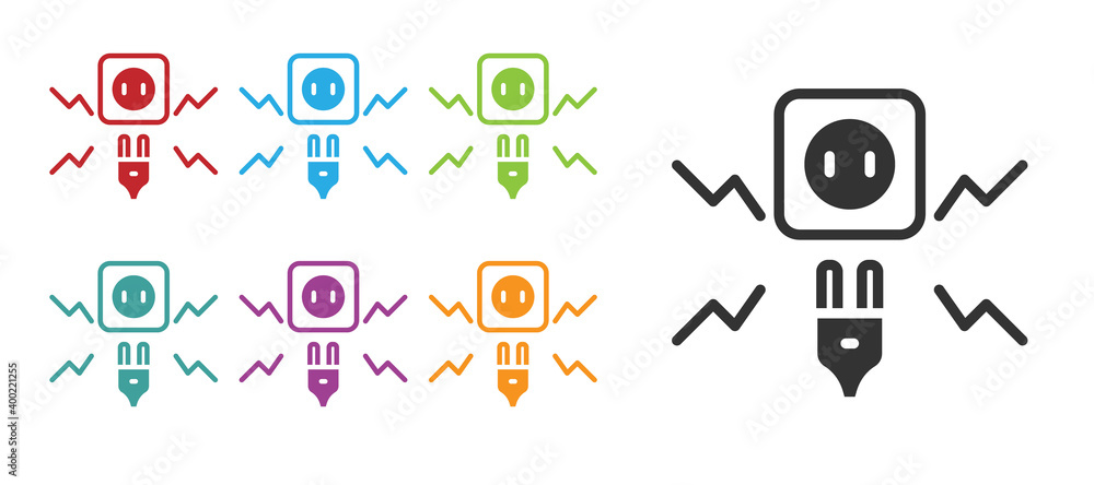 Black Connecting electric plug with electricity spark icon isolated on white background. Set icons colorful. Vector. Black Connecting electric plug with electricity spark icon isolated on white background. Set icons colorful. Vector.