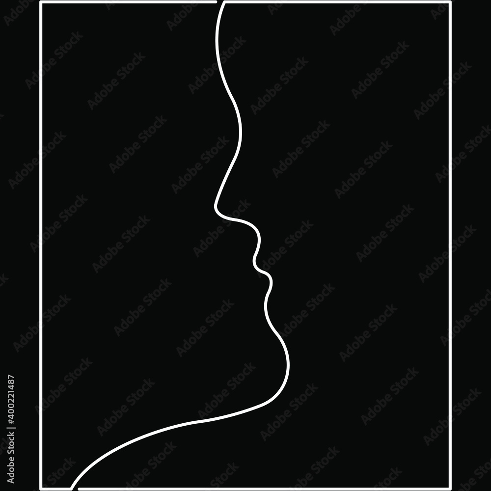A silhouette of two faces kissing on black background. Minimalist