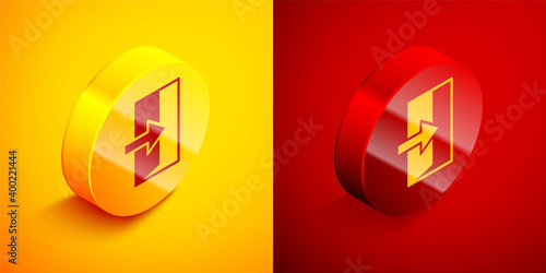 Free Download Isometric Fire exit icon isolated on orange and red background. Fire emergency icon. Circle button. Vector. - GFXLoad