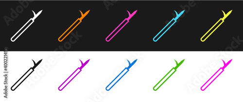 Set Metal pike pole with wooden handle icon isolated on black and white background. Spear, pickaxe, hook hand extinguishing instrument and tool for fireman. Vector.