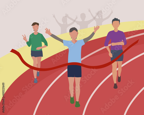 Athletes cross the finish line through a red ribbon. Running competition, marathon distance or sports jogging in the stadium. The runner is the winner. Vector flat illustration.