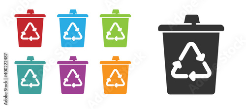 Black Recycle bin with recycle symbol icon isolated on white background. Trash can icon. Garbage bin sign. Recycle basket sign. Set icons colorful. Vector.
