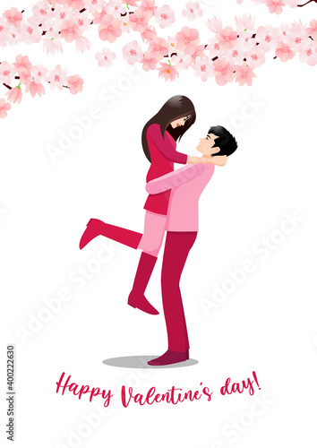 Cartoon character with a couple standing together on white background and flower decorate. Valentine s Day festival vector illustration