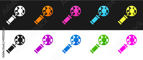 Set DNA research, search icon isolated on black and white background. Magnifying glass and dna chain. Genetic engineering, cloning, paternity testing. Vector.