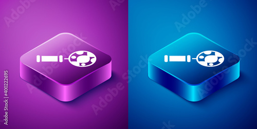 Isometric DNA research, search icon isolated on blue and purple background. Magnifying glass and dna chain. Genetic engineering, cloning, paternity testing. Square button. Vector.