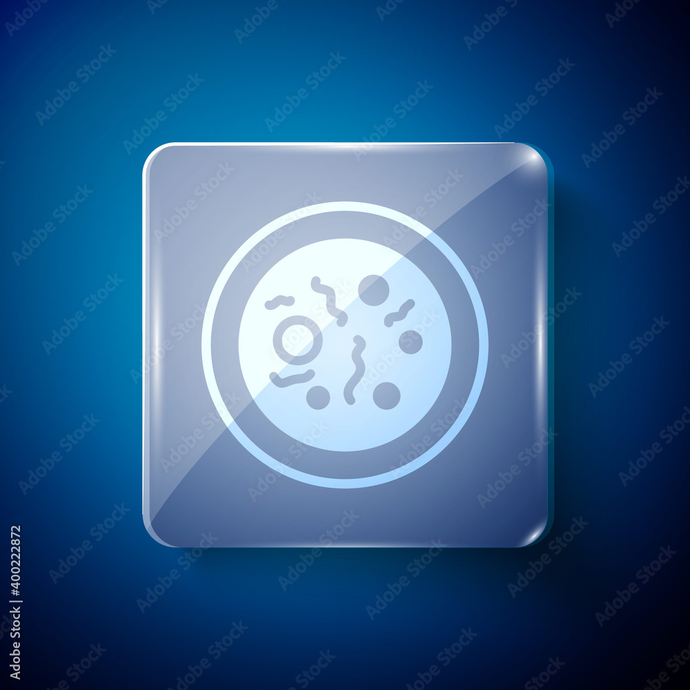 White Petri dish with bacteria icon isolated on blue background. Square glass panels. Vector. White Petri dish with bacteria icon isolated on blue background. Square glass panels. Vector.