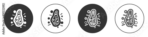 Black Bacteria icon isolated on white background. Bacteria and germs, microorganism disease causing, cell cancer, microbe, virus, fungi. Circle button. Vector.