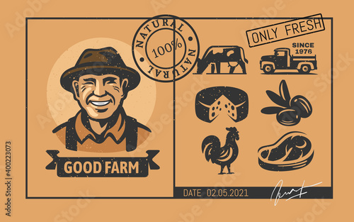 Farm black stickers with farmer and food 