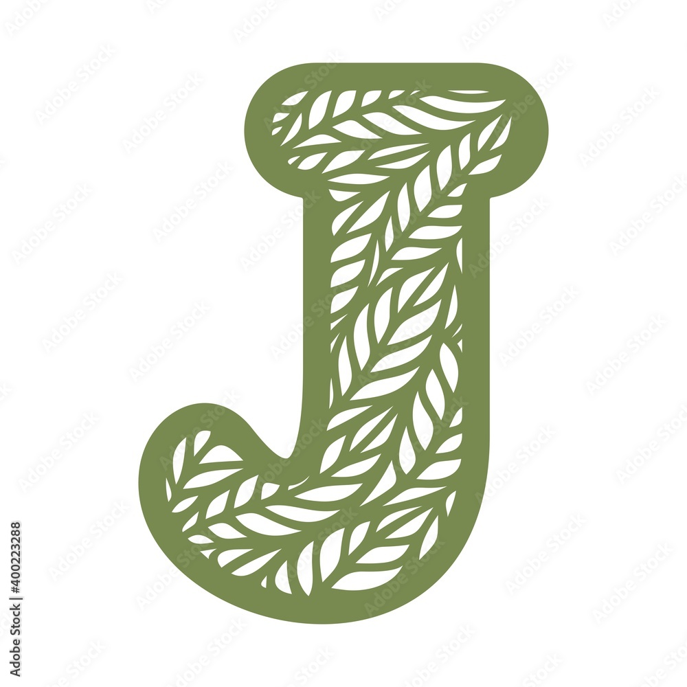 Letter J with a pattern of leaves. Green object on a white background. Plants theme. Openwork botanical logo, sign, icon for natural, eco products. Summer or spring alphabet, font. Vector illustration Letter J with a pattern of leaves. Green object on a white background. Plants theme. Openwork botanical logo, sign, icon for natural, eco products. Summer or spring alphabet, font. Vector illustration