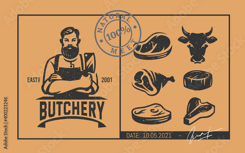 Butcher logo with icons in vintage style