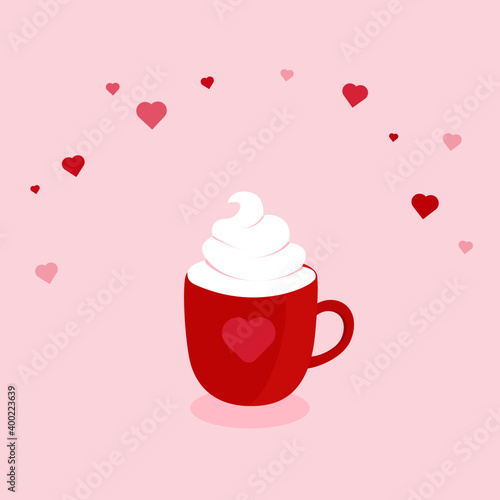 Valentine hot chocolate with cream on a pink background with hearts. 