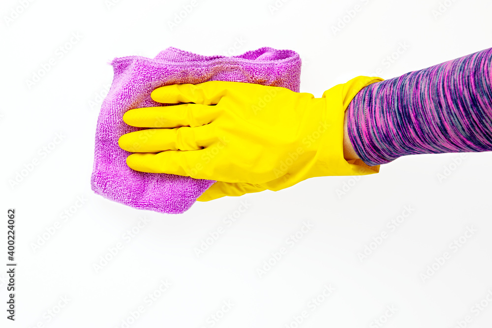 Microfiber cleaning cloth in woman hand. Surface home cleaning wearing