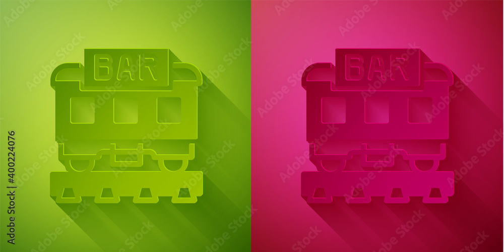 Paper cut Restaurant train icon isolated on green and pink background. Paper art style. Vector. Paper cut Restaurant train icon isolated on green and pink background. Paper art style. Vector.