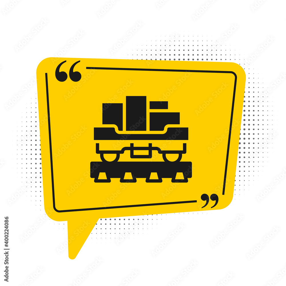Black Cargo train wagon icon isolated on white background. Full freight car. Railroad transportation. Yellow speech bubble symbol. Vector. Black Cargo train wagon icon isolated on white background. Full freight car. Railroad transportation. Yellow speech bubble symbol. Vector.