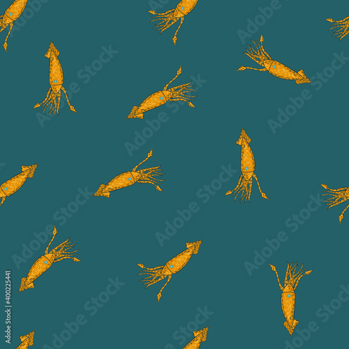 Wildlife ocean seamless pattern with orange colored squid ornament. Turquoise background.