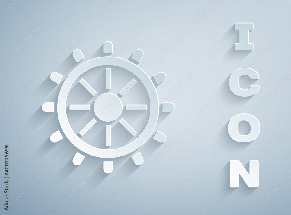 Paper cut Ship steering wheel icon isolated on grey background. Paper art style. Vector. Paper cut Ship steering wheel icon isolated on grey background. Paper art style. Vector.