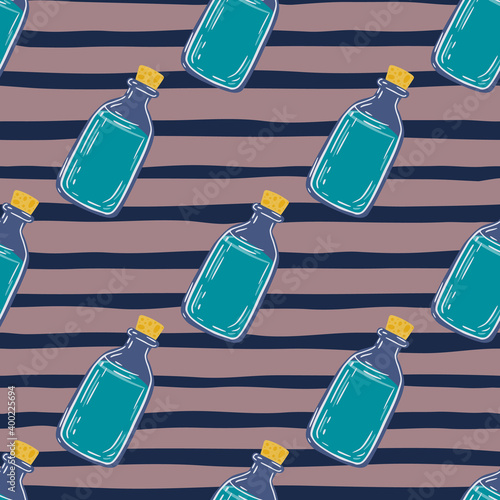 Blue bottle with oils seamless pattern. Healthy medical backdrop with striped dark tones background.