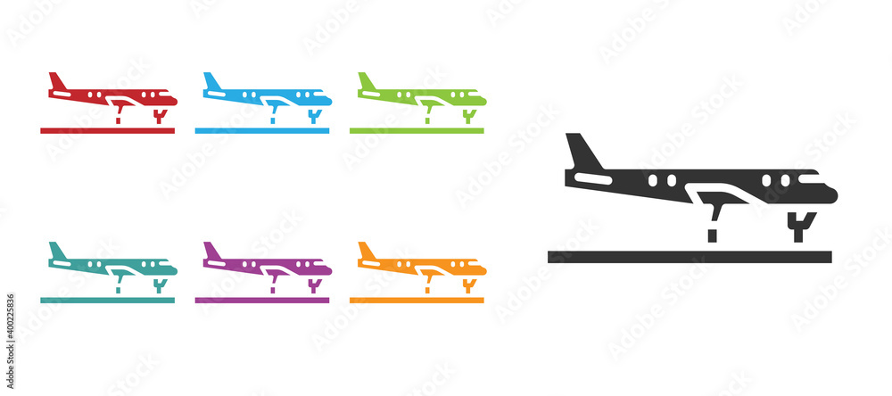 Black Plane icon isolated on white background. Flying airplane icon. Airliner sign. Set icons colorful. Vector. Black Plane icon isolated on white background. Flying airplane icon. Airliner sign. Set icons colorful. Vector.
