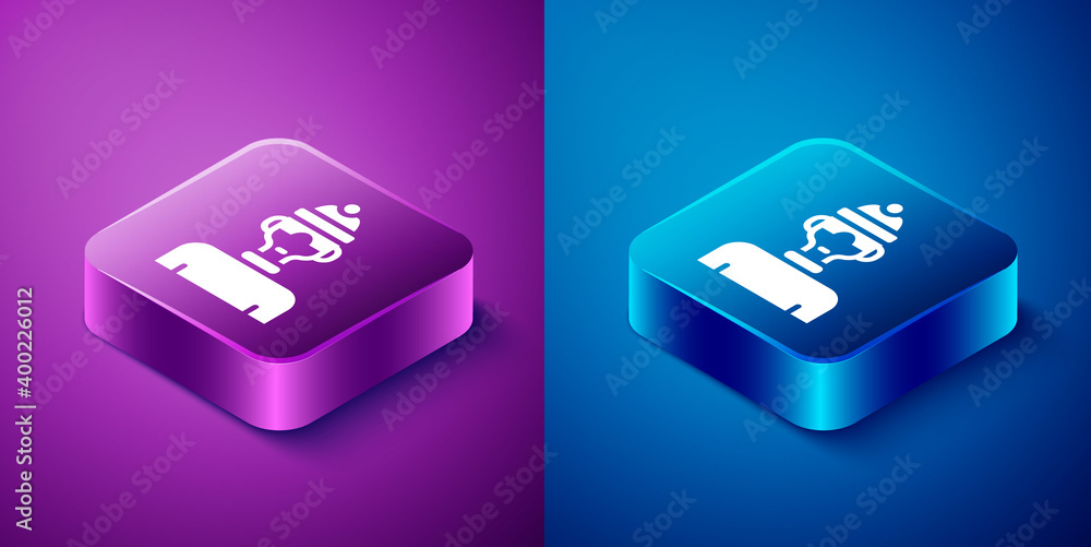 Isometric Winter athlete icon isolated on blue and purple background. Square button. Vector. Isometric Winter athlete icon isolated on blue and purple background. Square button. Vector.