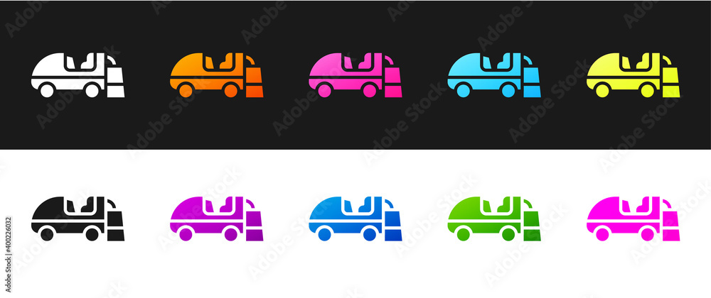 Set Ice resurfacer icon isolated on black and white background. Ice resurfacing machine on rink. Cleaner for ice rink and stadium. Vector. Set Ice resurfacer icon isolated on black and white background. Ice resurfacing machine on rink. Cleaner for ice rink and stadium. Vector.