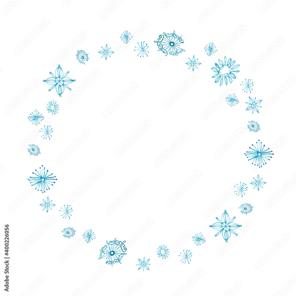 Watercolor hand painted nature winter holiday circle frame with blue different snowflakes wreath composition isolated on the white background for christmas, new year greeting and invite card