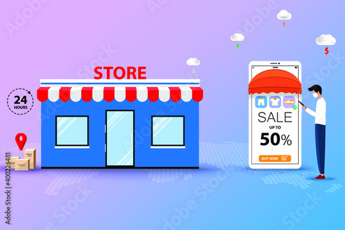 Concept of online to offline shopping, young man wear a medical face mask and hold a smartphone to order a new shoe and going to pick up at store in pink and blue shade background.