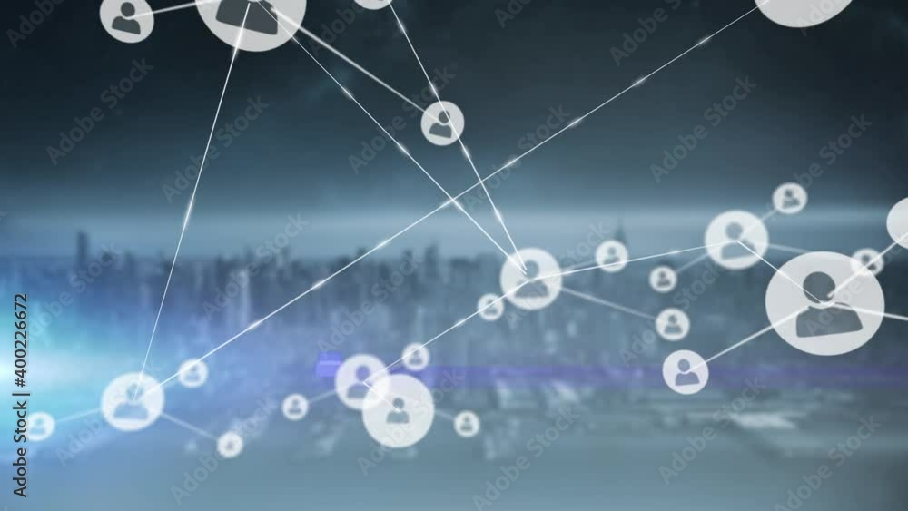 Digital composite video of network of connections against cityscape in background Digital composite video of network of connections against cityscape in background