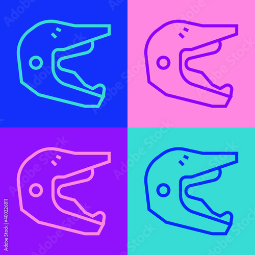 Pop art line Motocross motorcycle helmet icon isolated on color background. Vector Illustration.