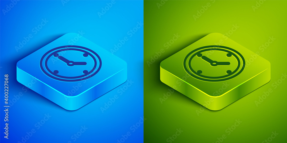 Isometric line Clock icon isolated on blue and green background. Time symbol. Square button. Vector Illustration. Isometric line Clock icon isolated on blue and green background. Time symbol. Square button. Vector Illustration.