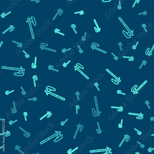 Green line Medieval axe icon isolated seamless pattern on blue background. Battle axe, executioner axe. Medieval weapon. Vector.