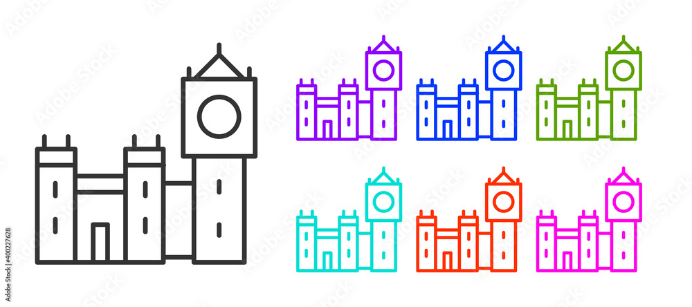 Black line Big Ben tower icon isolated on white background. Symbol of London and United Kingdom. Set icons colorful. Vector.