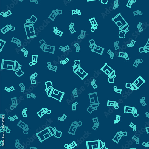 Green line Paint spray can icon isolated seamless pattern on blue background. Vector.