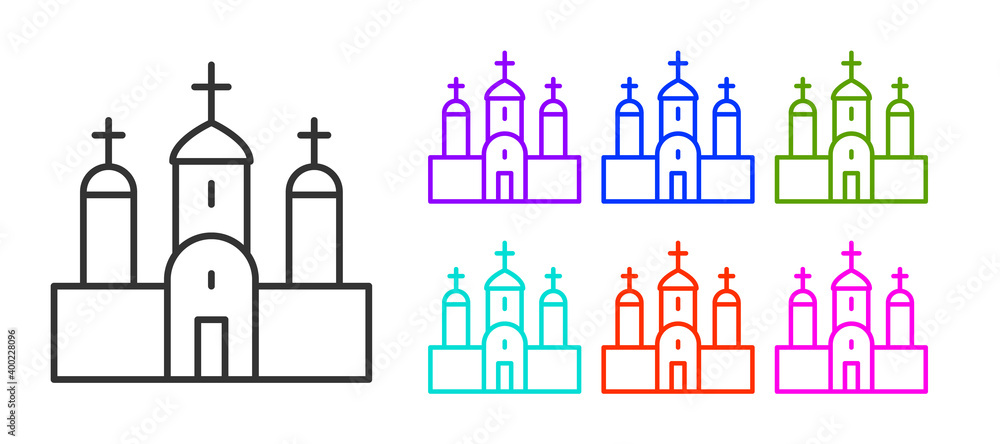 Black line Church building icon isolated on white background. Christian Church. Religion of church. Set icons colorful. Vector.