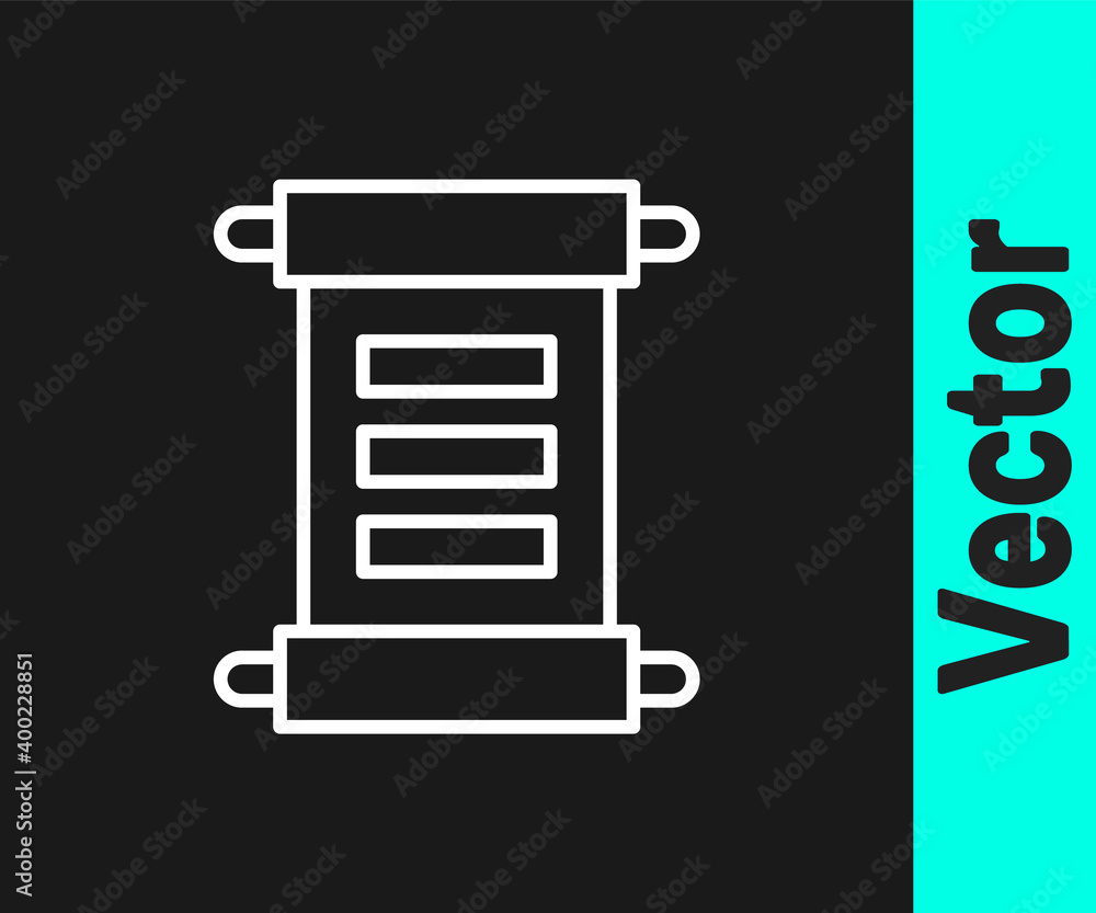 White line Decree, paper, parchment, scroll icon icon isolated on black background. Vector. White line Decree, paper, parchment, scroll icon icon isolated on black background. Vector.