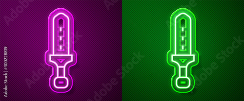 Glowing neon line Medieval sword icon isolated on purple and green background. Medieval weapon. Vector.