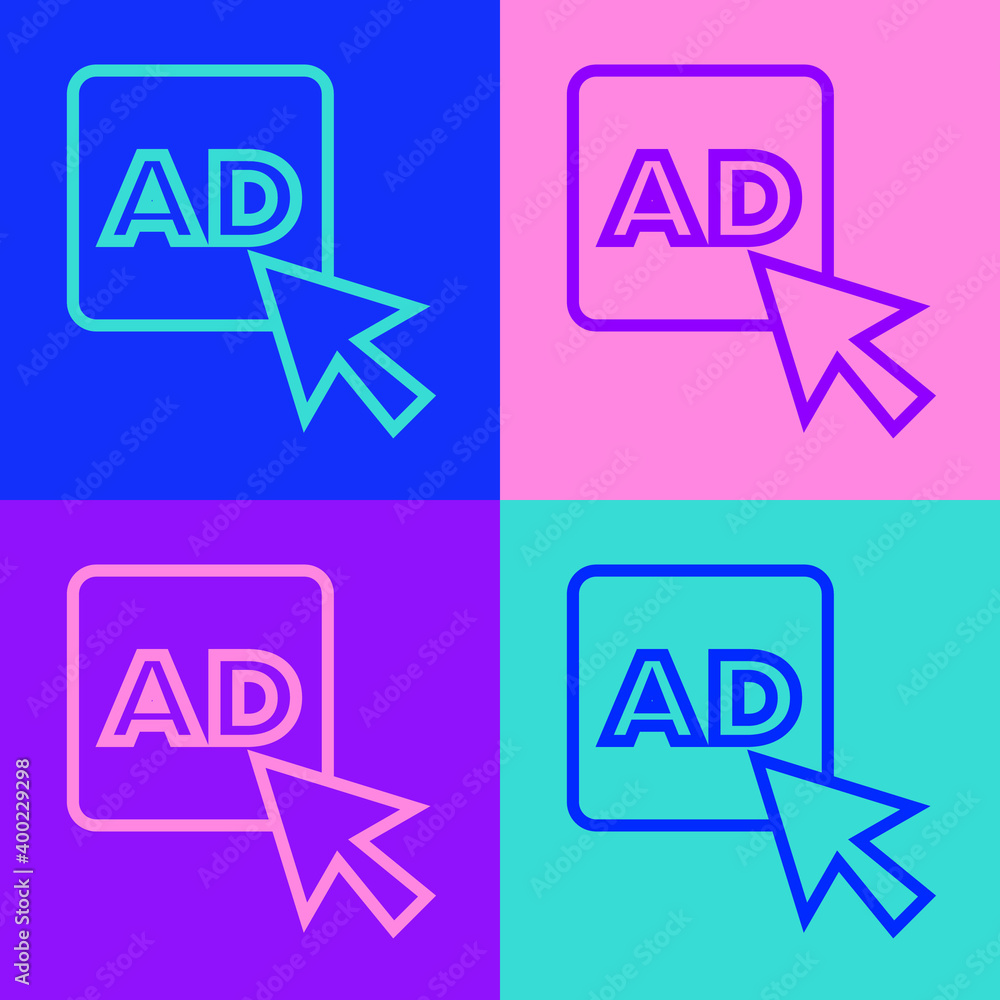 Pop art line Advertising icon isolated on color background. Concept of marketing and promotion process. Responsive ads. Social media advertising. Vector. Pop art line Advertising icon isolated on color background. Concept of marketing and promotion process. Responsive ads. Social media advertising. Vector.