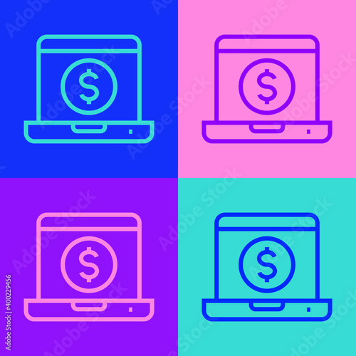 Pop art line Laptop with dollar icon isolated on color background. Sending money around the world, money transfer, online banking, financial transaction. Vector.