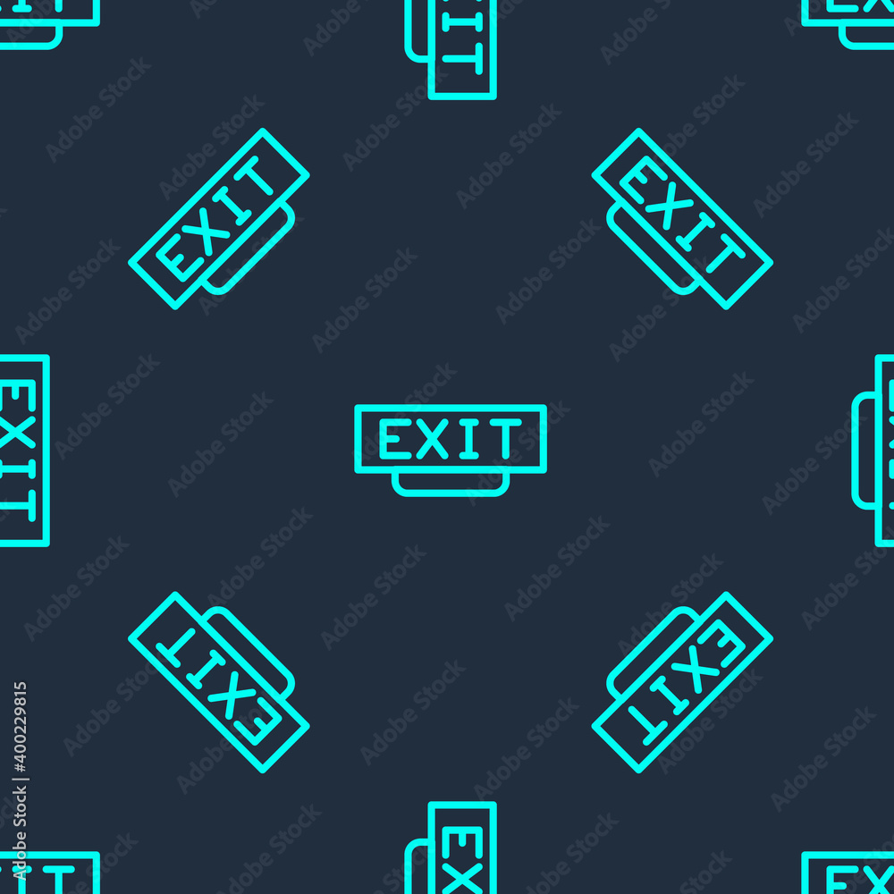 Green line Fire exit icon isolated seamless pattern on blue background. Fire emergency icon. Vector. Green line Fire exit icon isolated seamless pattern on blue background. Fire emergency icon. Vector.