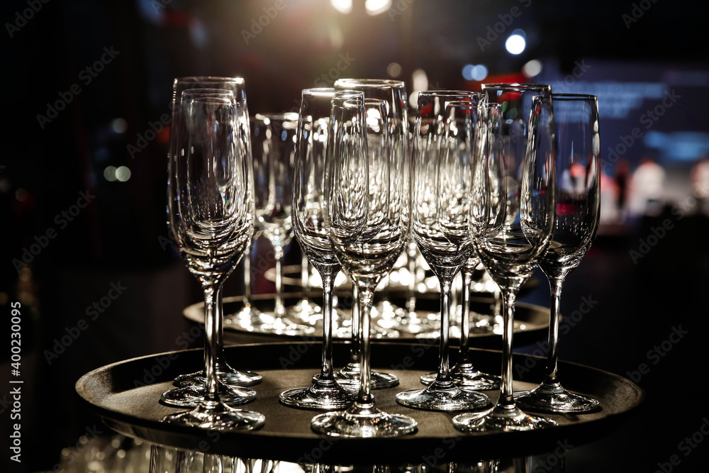 Empty Champagne Glasses on Tray Empty Champagne Glasses on Tray