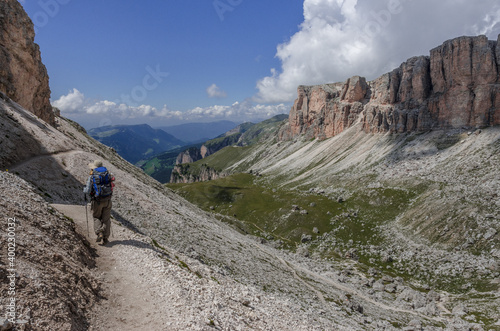 Val Chedul from Passo Crespeina down to Gardena pass and Selva village, Dolomites, South Tirol, Italy.