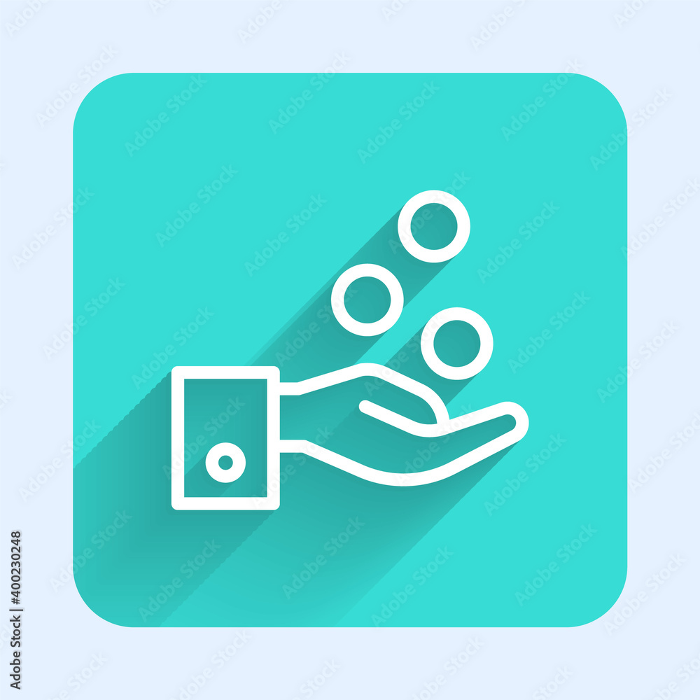 White line People paying tips to service staff in restaurant and hotel icon isolated with long shadow. Tips money cash coin hotel resort service. Green square button. Vector. White line People paying tips to service staff in restaurant and hotel icon isolated with long shadow. Tips money cash coin hotel resort service. Green square button. Vector.
