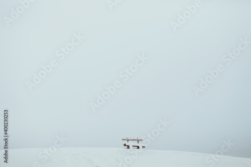 winter landscape mountain. snow mountain with wooden bench. Winter landscape