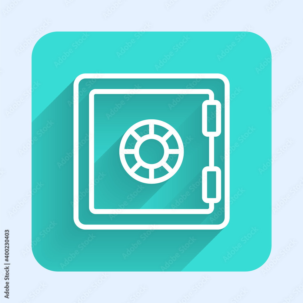 White line Safe icon isolated with long shadow. The door safe a bank vault with a combination lock. Reliable Data Protection. Green square button. Vector. White line Safe icon isolated with long shadow. The door safe a bank vault with a combination lock. Reliable Data Protection. Green square button. Vector.