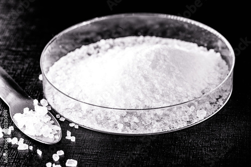 petri dish, with crystals of Potassium cyanide or potassium cyanide. photo