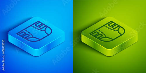 Isometric line Adult diaper icon isolated on blue and green background. Square button. Vector.