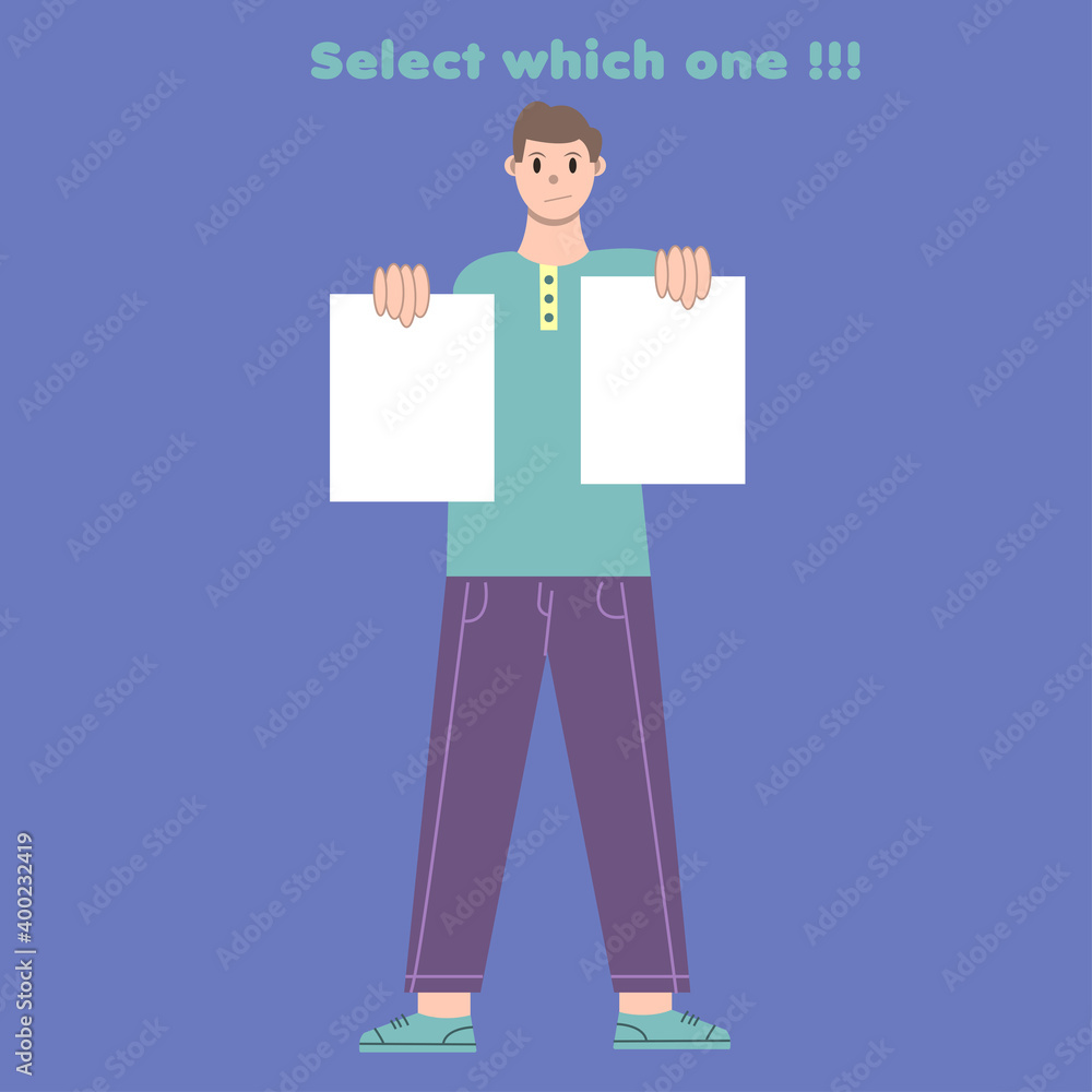 Illustration vector graphic of man cartoon character with 2 paper holding pose in flat design. Business concept. Blue background. Perfect for business promotion, management, marketing. Illustration vector graphic of man cartoon character with 2 paper holding pose in flat design. Business concept. Blue background. Perfect for business promotion, management, marketing.